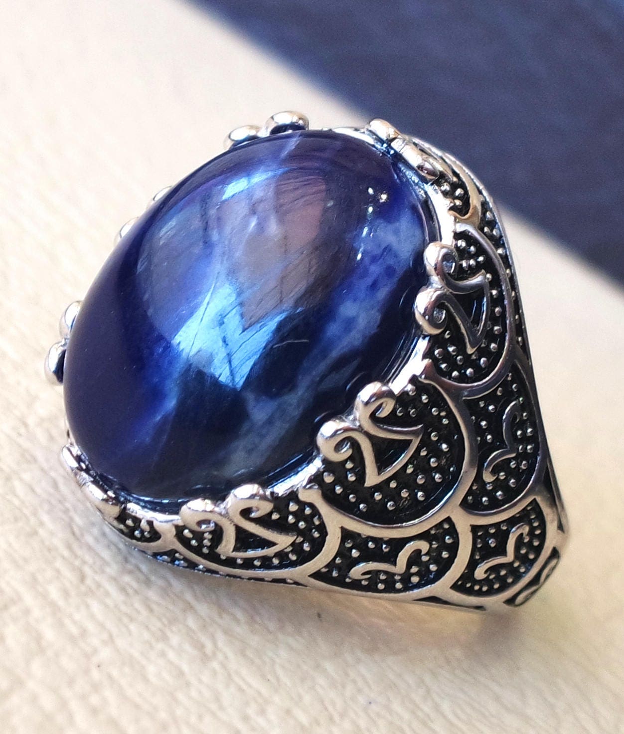 Mens Real Solid 925 Sterling Silver Dark Navy Blue Sapphire Stone Ring Size  7-13