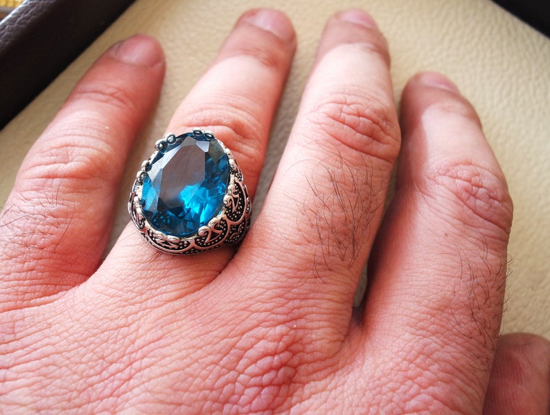 Deep blue cubic zircon men ring sterling silver 925 sky sea Etsy