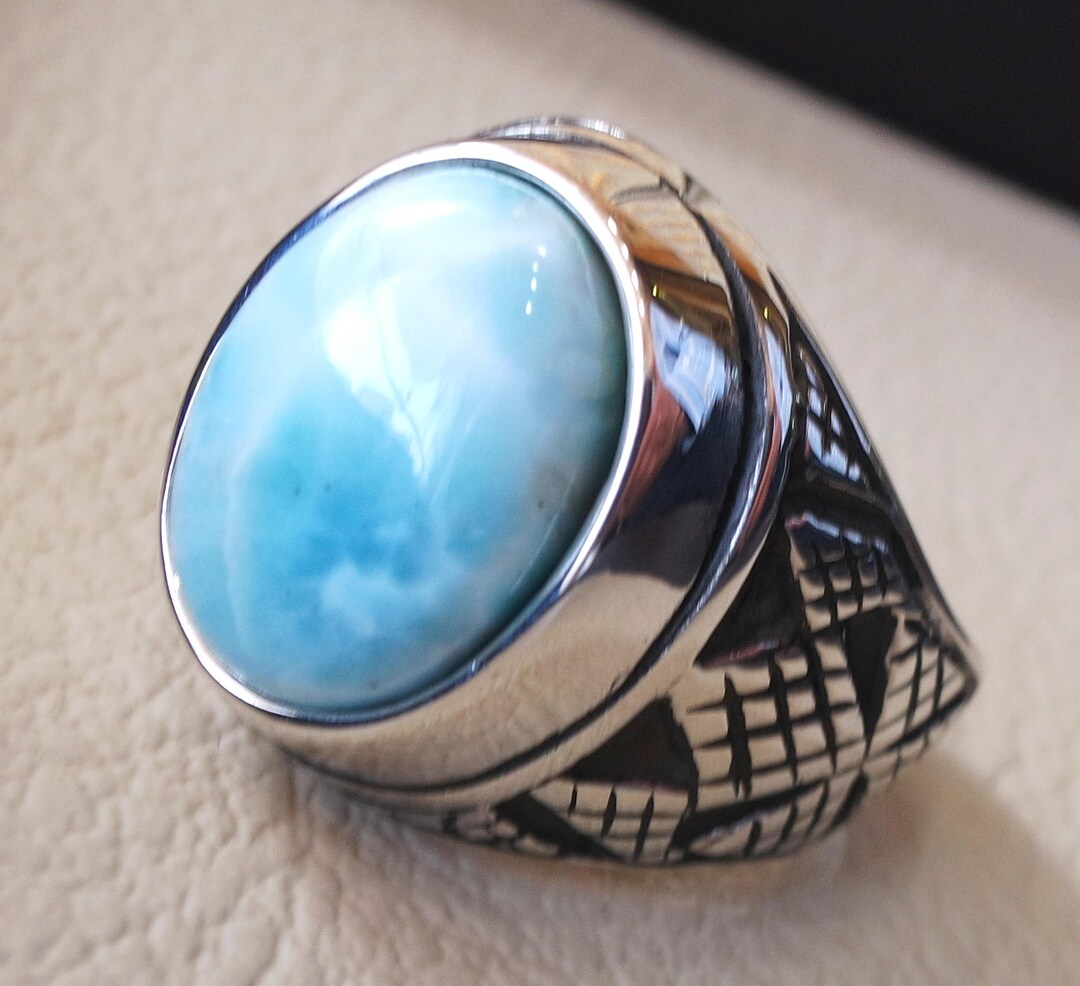 Dominican Larimar Blue Natural Stone Ring Sterling Silver 925 Men