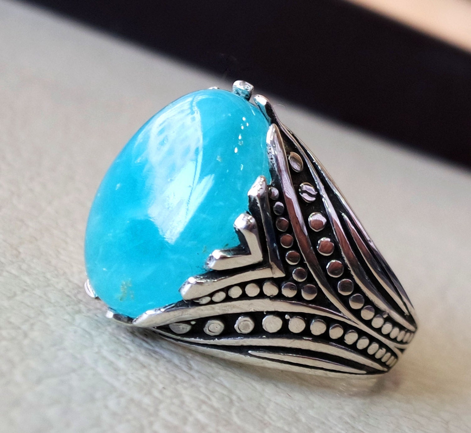 Smithsonite Natural Sky Blue Stone Ring Sterling Silver 925 Men Jewelry All Sizes Semi Precious Gem Highest Quality Arabic Ottoman Style Etsy