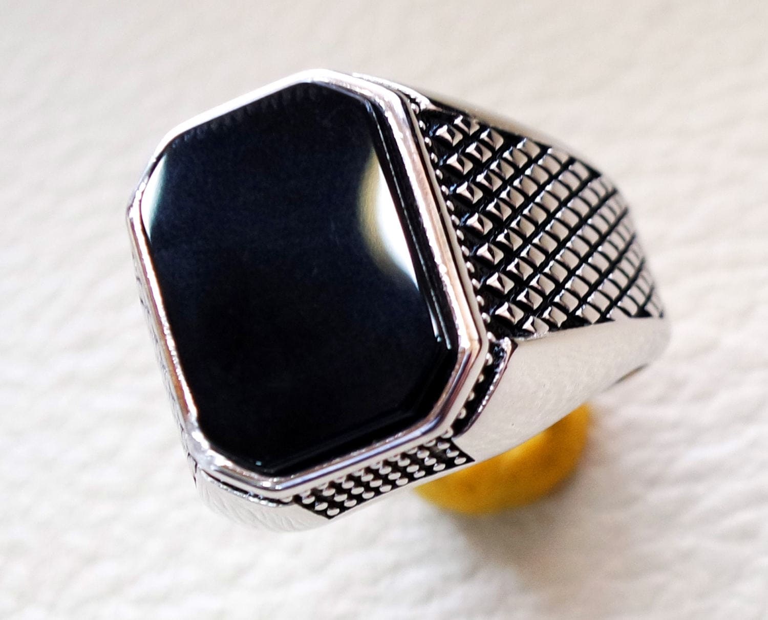Cushion rectangular octagon black onyx agate aqeeq man ring | Etsy