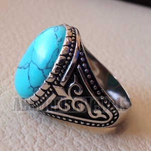 blue turquoise cabochon stone sterling silver 925 men ring vintage ottoman style jewelry oval imitation stone all sizes fast shipping image 2