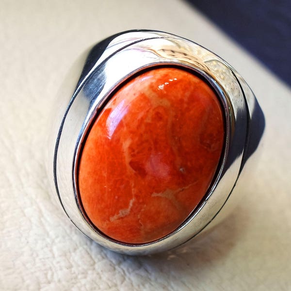 Sponge coral Murjan  heavy men ring orange to red natural stone sterling silver 925 vintage turkish style all sizes  fast shipping مرجان