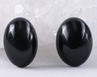 May include: A pair of black oval-shaped gemstone earrings. The earrings are smooth and shiny.