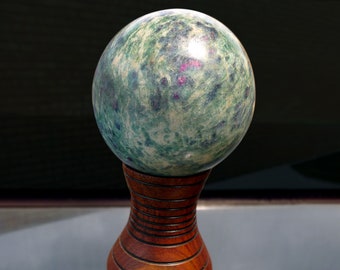 Huge RUBY ZOISITE SPHERE - 86mm Diameter - Over 1kg! - With Custom Made Wood-Turned Stand!
