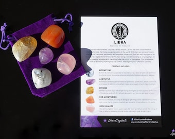 Libra Zodiac Crystal Set: Healing Tumbled Stones, Velvet Pouch