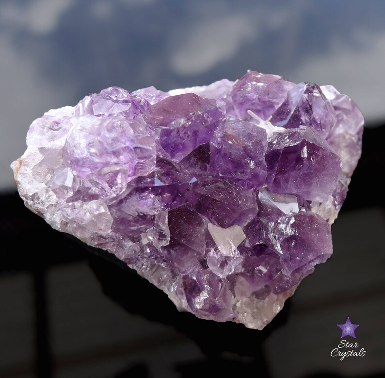 May include: A large amethyst cluster with many purple crystals. The crystals are clustered together in a natural formation. The amethyst is a deep purple color and has a shiny, translucent finish.