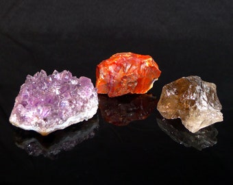 Amethyst Cluster, Smoky Quartz, Raw Carnelian Crystal Set