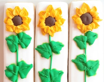 Sunflower Cookies - Sunflower Cookie Sticks, One Dozen, Decorated Sugar Cookies, Royal Icing Cookies, Flower Cookies, Decorated Cookies