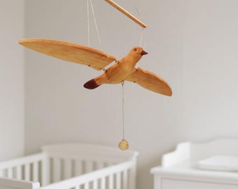 Wooden Thrush Bird Mobile 60 cm Wingspan | Alder Wood Hanging Bird Decor | Flapping Wings Bird Gift | Natural Eco Nursery Mobile