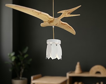 Wooden Pterodactyl Dinosaur Ceiling Lamp – Flying Dino Chandelier with Feather Lampshade | Kids Room Light | Decor from Ukraine