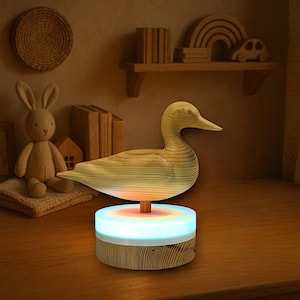 Duck Handmade Wooden Lamp – USB LED Table Light with Remote – Duck-Shaped Night Light for Kids Room or Eco Decor