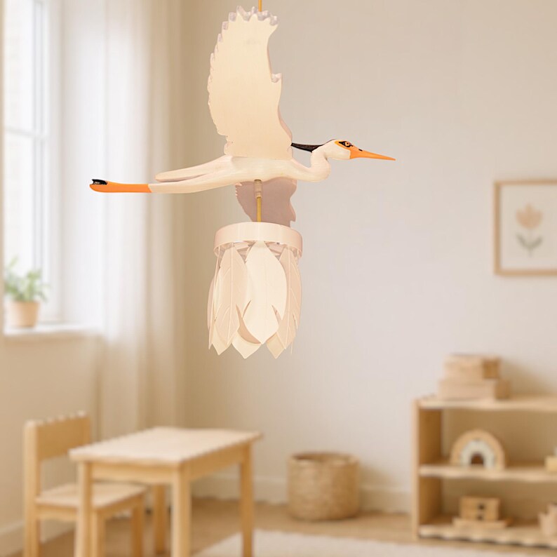 Heron Painted Handcrafted Wooden Chandelier - Eco-Friendly Pine Wood Pendant Light with Feather Lampshade, Nature-Inspired Design, image 9