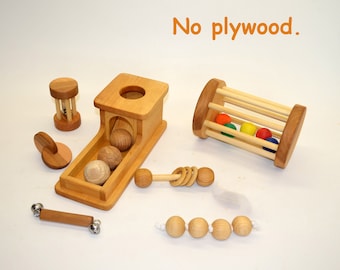 Handmade Wooden Montessori Materials / Set of Rattles / Montessori Object Permanence Box with Tray and 3 Wooden Balls. Set of 7 toys