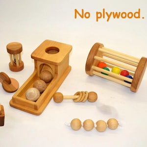 Handmade Wooden Montessori Materials / Set of Rattles / Montessori Object Permanence Box with Tray and 3 Wooden Balls. Set of 7 toys