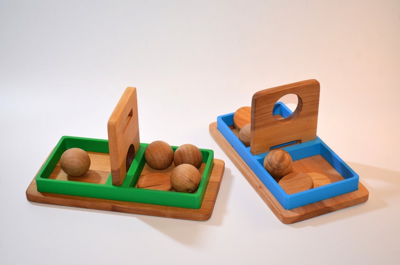 Tray with coins and balls. Toy 2 in 1. Montessori materials. 