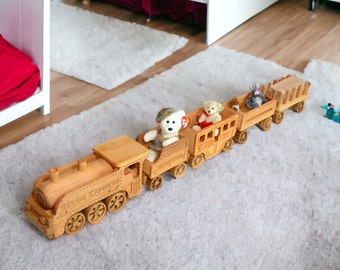 Wooden Toy Train Set / Handcrafted Wooden Steam Engine / Steam Locomotive | 120 cm. 47 inches. Long with Detachable Cars | Eco-Friendly