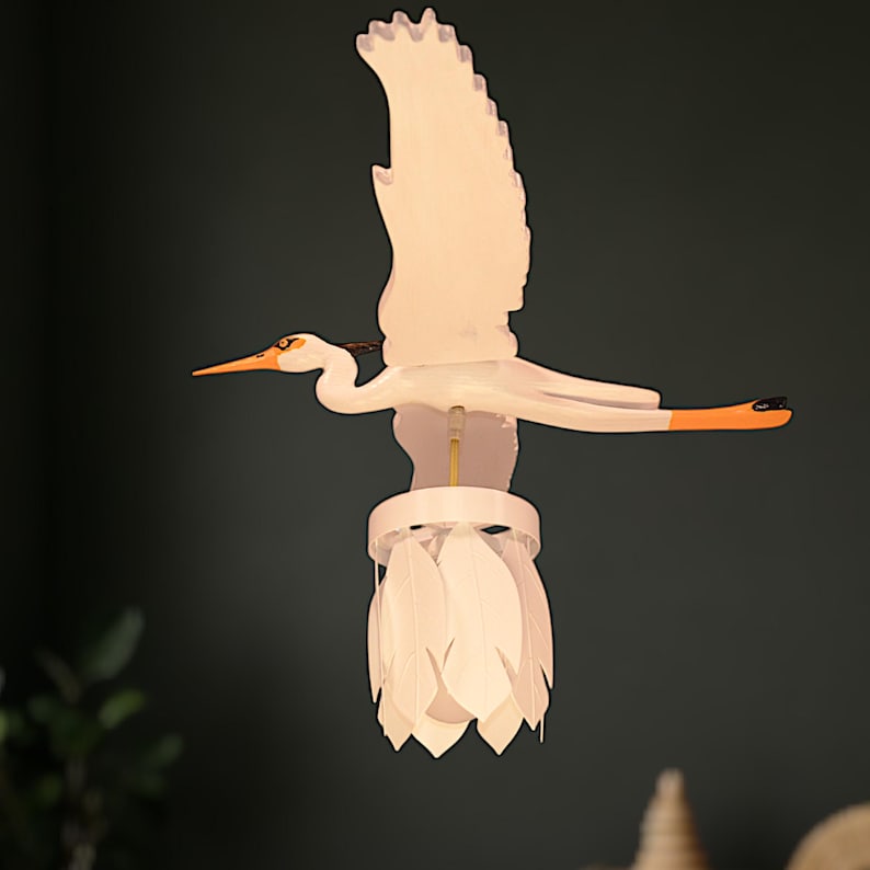 Heron Painted Handcrafted Wooden Chandelier - Eco-Friendly Pine Wood Pendant Light with Feather Lampshade, Nature-Inspired Design, image 2