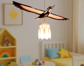 Hand-Painted Woodpecker Ceiling Lamp – Wooden Bird Pendant Light with Feather Shade | Nature Wall Decor | Decor from Ukraine