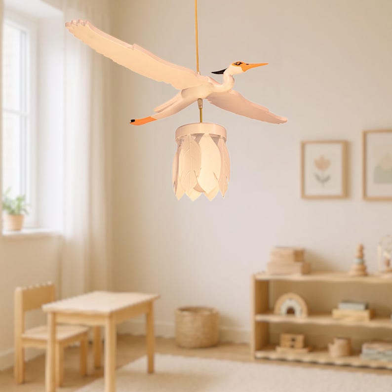 Heron Painted Handcrafted Wooden Chandelier - Eco-Friendly Pine Wood Pendant Light with Feather Lampshade, Nature-Inspired Design, image 7