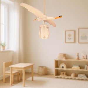 Heron Painted Handcrafted Wooden Chandelier - Eco-Friendly Pine Wood Pendant Light with Feather Lampshade, Nature-Inspired Design, image 8