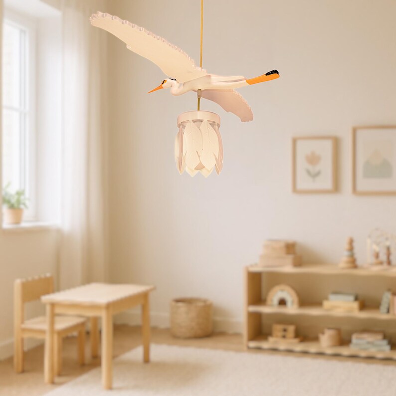 Heron Painted Handcrafted Wooden Chandelier - Eco-Friendly Pine Wood Pendant Light with Feather Lampshade, Nature-Inspired Design, image 8