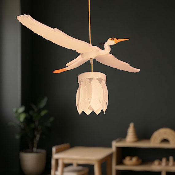 White Heron Chandelier – Hand-Painted Bird Ceiling Light in Flight | Pine Wood Pendant Lamp for Nature Decor | Decor from Ukraine