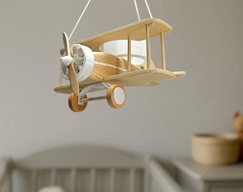Personalized Wooden Biplane Chandelier, Custom Name Airplane Ceiling Light for Nursery, Retro Fighter Plane Kids Room Lamp, Aviator Decor