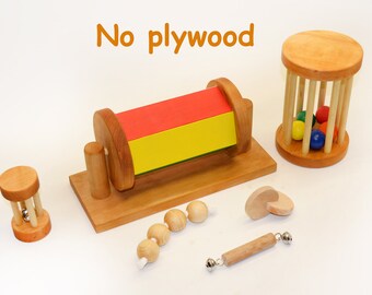 Hangmade Montessori Spinning Drum with a Set of Rattles/ Wooden Spinning Drum / Rainbow Spinning Drum / Set of Rattles / Wooden Toy