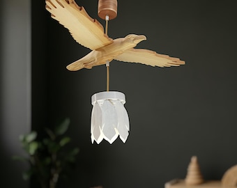 Large Wooden Eagle Chandelier – Pine Wood Bird Ceiling Light with PLA Shade – Eco Handmade Art Lamp – Decor from Ukraine