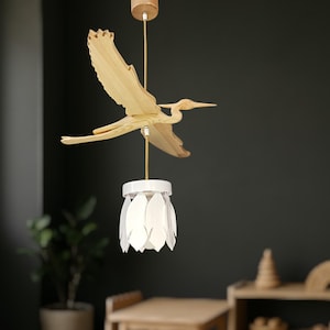 Montessori Inspired Heron Chandelier – Natural Pine Bird Lamp Handmade in Ukraine | Wooden Pendant Light | Decor from Ukraine