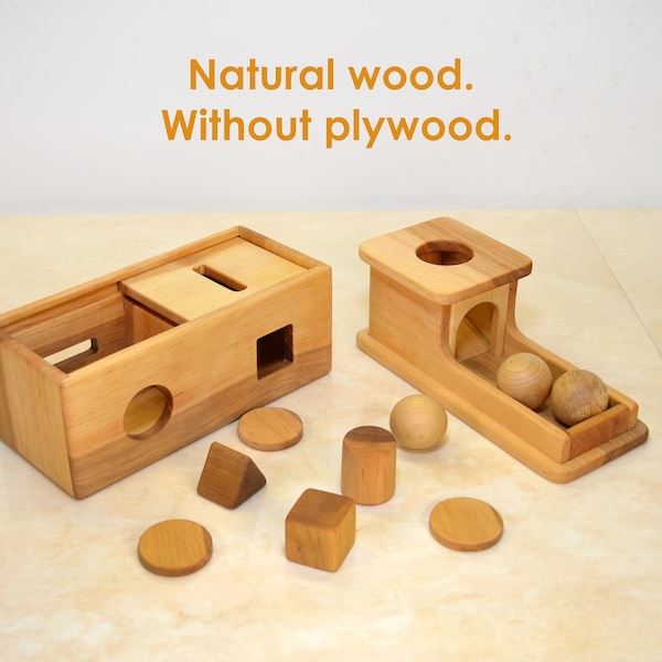 A set of 2 boxes for the Montessori system / Toy 4 in 1+Object Permanence Box / Natural wood / Handmade / Montessori materials / Waldorf