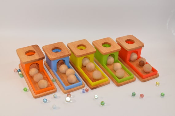 montessori object permanence box with tray and ball