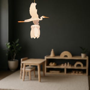 Heron Painted Handcrafted Wooden Chandelier - Eco-Friendly Pine Wood Pendant Light with Feather Lampshade, Nature-Inspired Design, image 3
