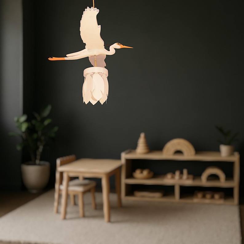 Heron Painted Handcrafted Wooden Chandelier - Eco-Friendly Pine Wood Pendant Light with Feather Lampshade, Nature-Inspired Design, image 3