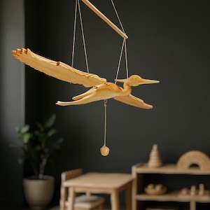 Montessori Wooden Heron Mobile 70cm Wingspan – Handmade Bird Decor in Pine Wood with Wax Oil Finish – Eco Natural Nursery Art