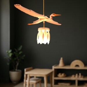 Heron Painted Handcrafted Wooden Chandelier - Eco-Friendly Pine Wood Pendant Light with Feather Lampshade, Nature-Inspired Design, image 5