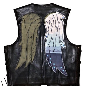 Angel Wing Leather Vest: Hand-Sewn Denim Wings, Medium