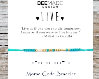 Morse Code Bracelet: Inspirational 'Live' Mantra, Gold Plated Beads