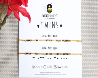 Twins Morse Code Bracelet Set: Gold or Silver Bead Jewelry