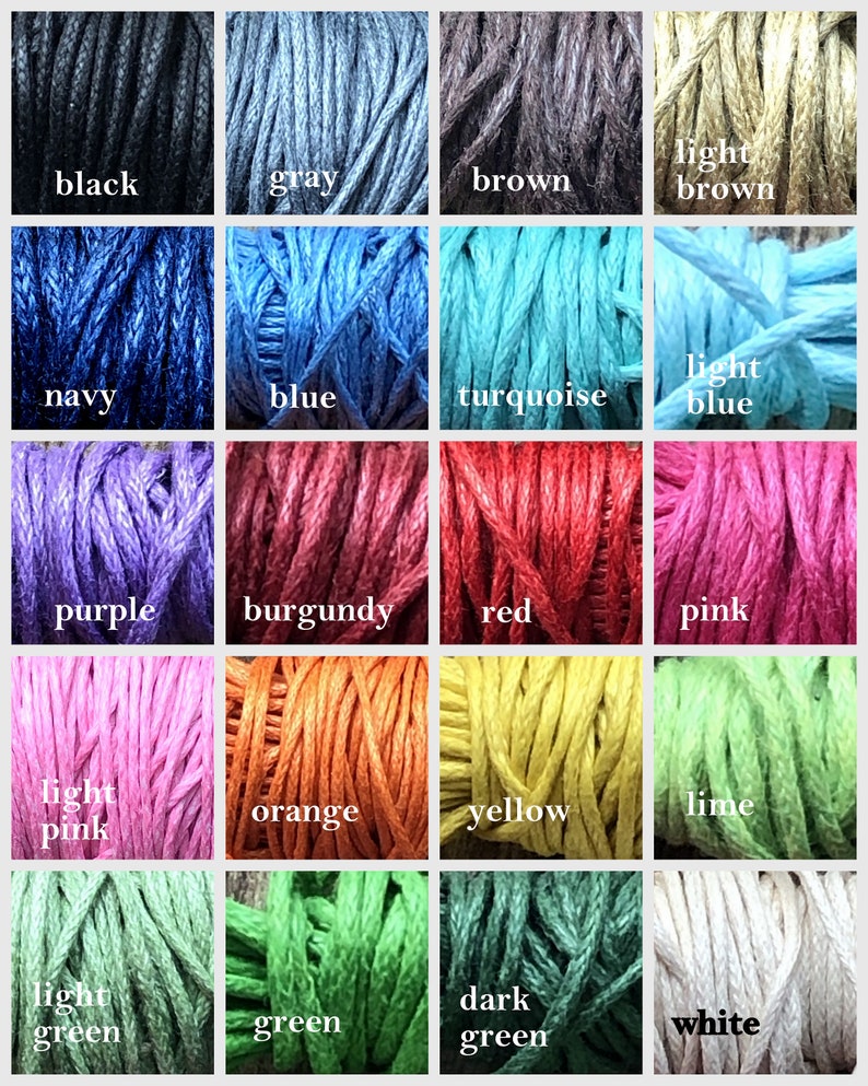 May include: A color chart of 16 different colors of embroidery floss. The colors are: black, gray, brown, light brown, navy, blue, turquoise, light blue, purple, burgundy, red, pink, light pink, orange, yellow, lime, light green, green, dark green, and white.