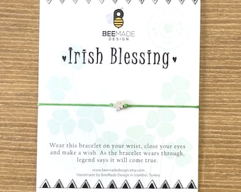 Irish Blessing Wish Bracelet: Silver Clover Charm, Good Luck