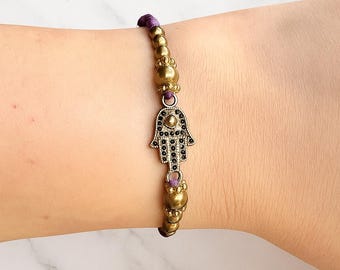 Macrame Hamsa Hand Bracelet: Boho Brass Protection Jewelry
