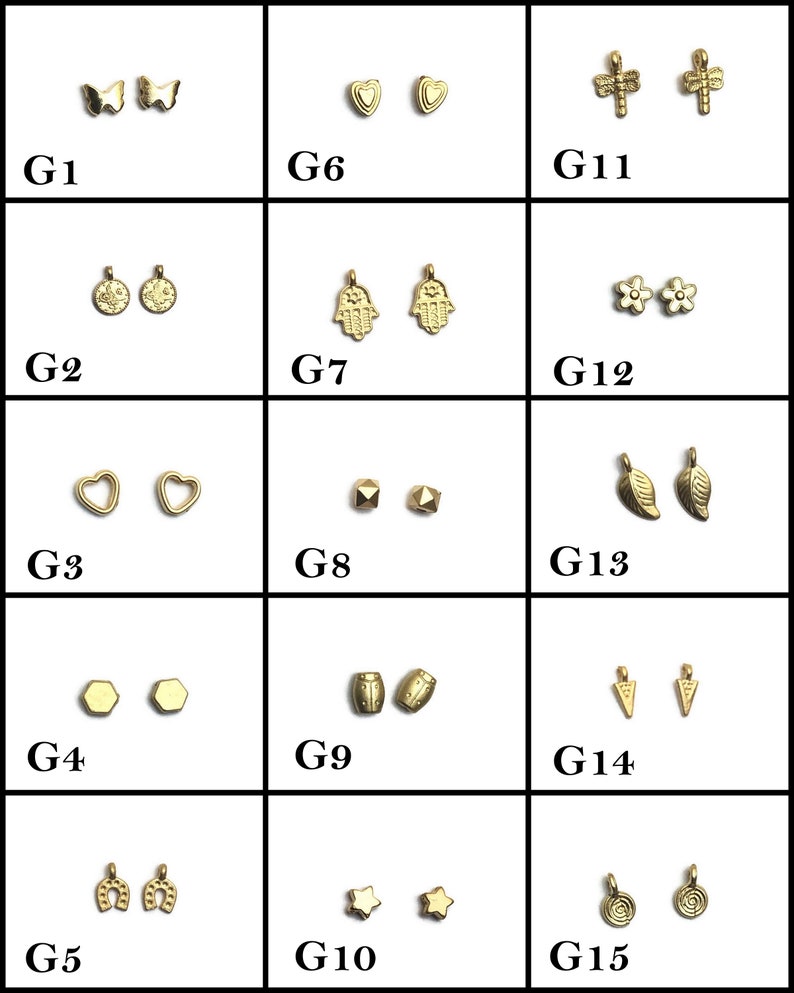 May include: Assortment of 15 gold-tone metal charms, including butterflies, hearts, hands, flowers, leaves, stars, horseshoes, and more.  These charms are perfect for jewelry making, scrapbooking, and other craft projects.