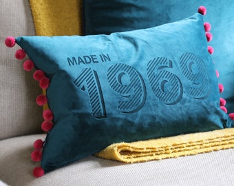 Personalised Made In Year Velvet Cushion|Velvet pompom cushion