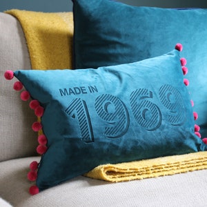 Personalised Birthday Year Velvet Cushion with Pom Pom detail. Unique colourful birthday gift for any year for Mum, Dad, Friends