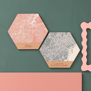Wooden hexagon wall art celebrating favourite places – a sentimental custom map gift idea for birthdays, weddings, or where we met.