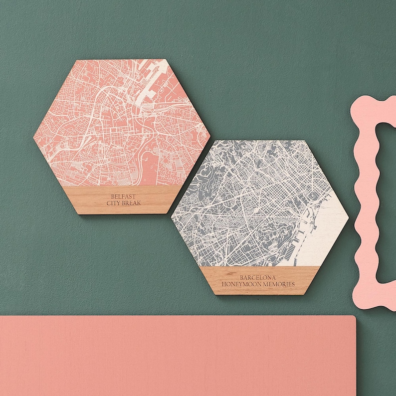 Wooden hexagon wall art celebrating favourite places – a sentimental custom map gift idea for birthdays, weddings, or where we met.