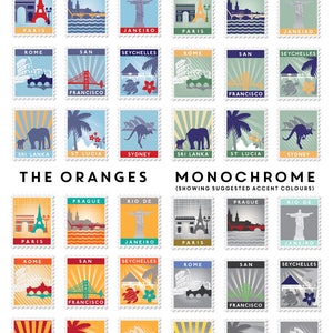 A selection grid of colourful travel-themed stamps in four colour schemes: blues, greens, oranges, and monochrome. Each row features cities like Paris, Rio, and Sydney with iconic landmarks.