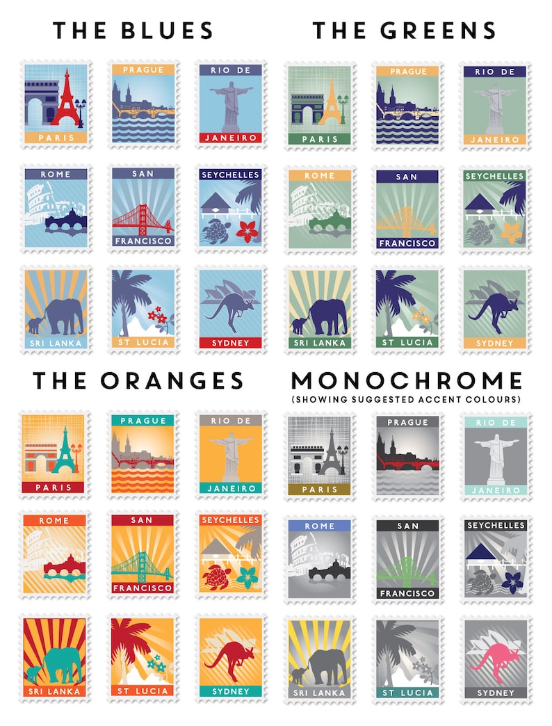 A selection grid of colourful travel-themed stamps in four colour schemes: blues, greens, oranges, and monochrome. Each row features cities like Paris, Rio, and Sydney with iconic landmarks.